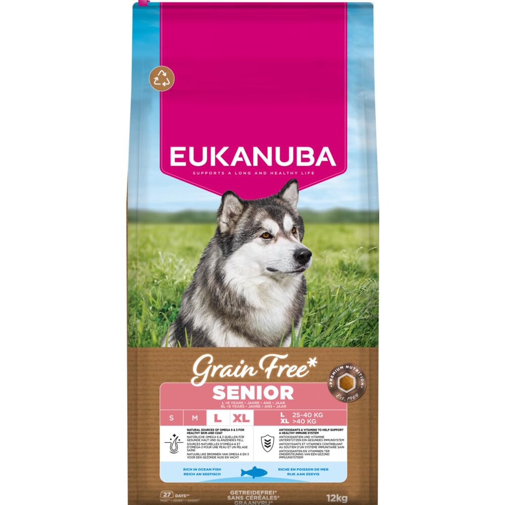 Eukanuba Senior karma dla psów bez zbóż, z rybami dla dużych ras, sucha karma premium bez zbóż, dla starszych psów, 12 kg