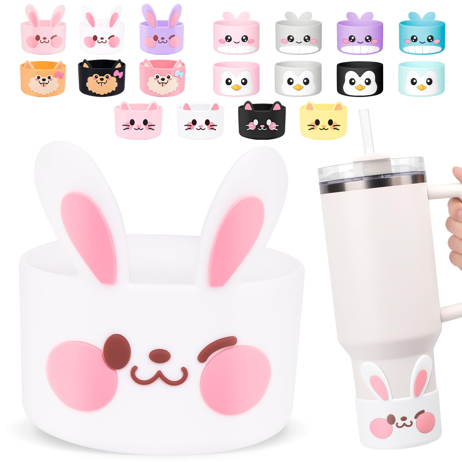 Tizuxa for Stanley Boot, Cute Bunny Silicone Boot for Stanley Cup 40 oz Quencher Adventure Tumbler, Water Bottle Boot for Stanley Iceflow 20 30 Oz, Stanley Cup Boots Accessories Protector Cove White