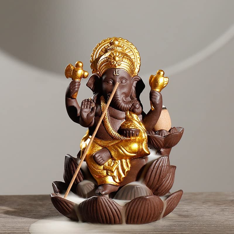 FEIYU BUY Purple Sand Ganesha Backflow Incense Burner Elephant God Emblem Auspicious and Success Ceramic Censer Incense Stick Holder for Office Home Decor (Gold)