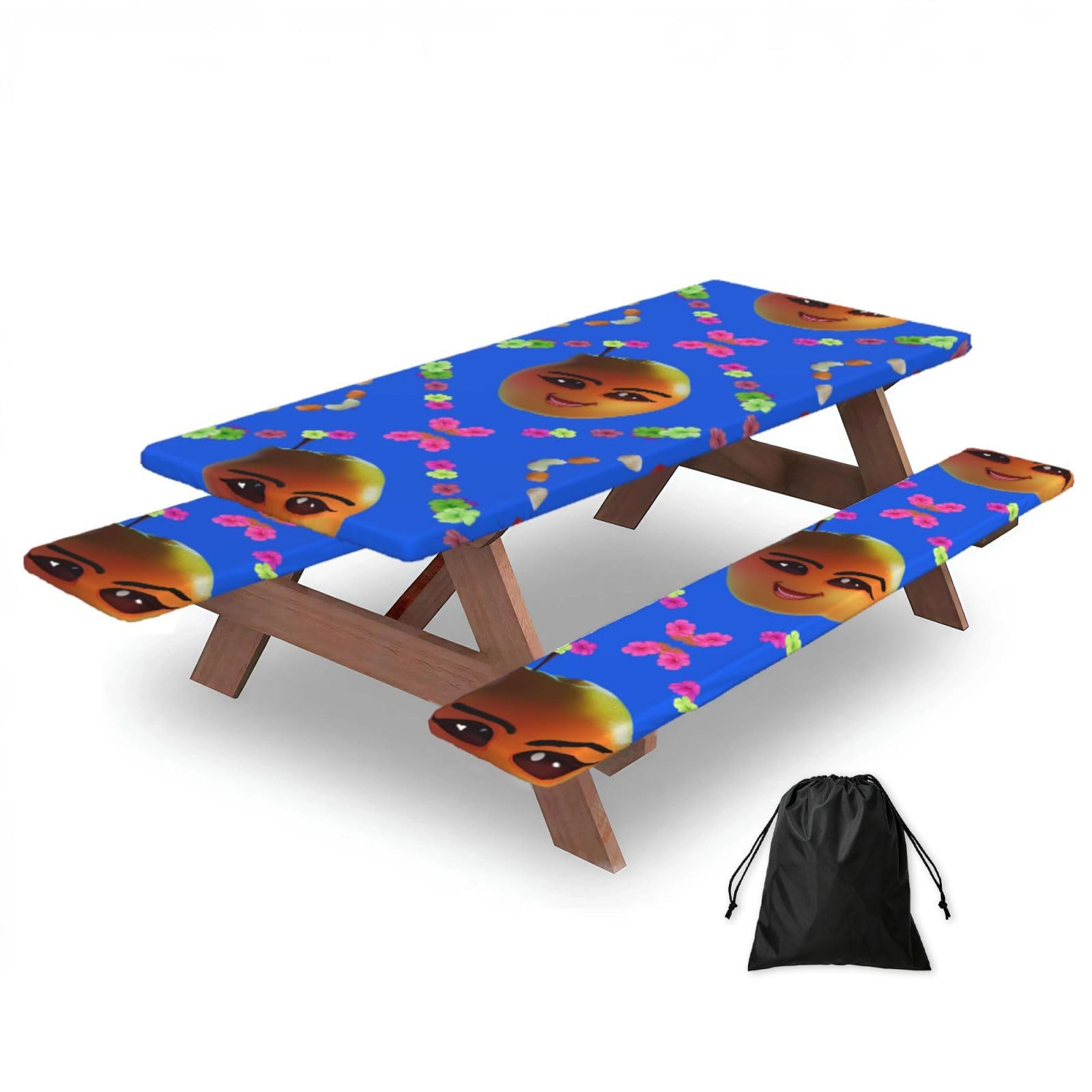 Hhbiuuo Black 72In Camping Table Cover & Bench Covers 3-Pack Set, Smiley Yellow Pear Print Tablecloths, For Rectangle Tables Picnic