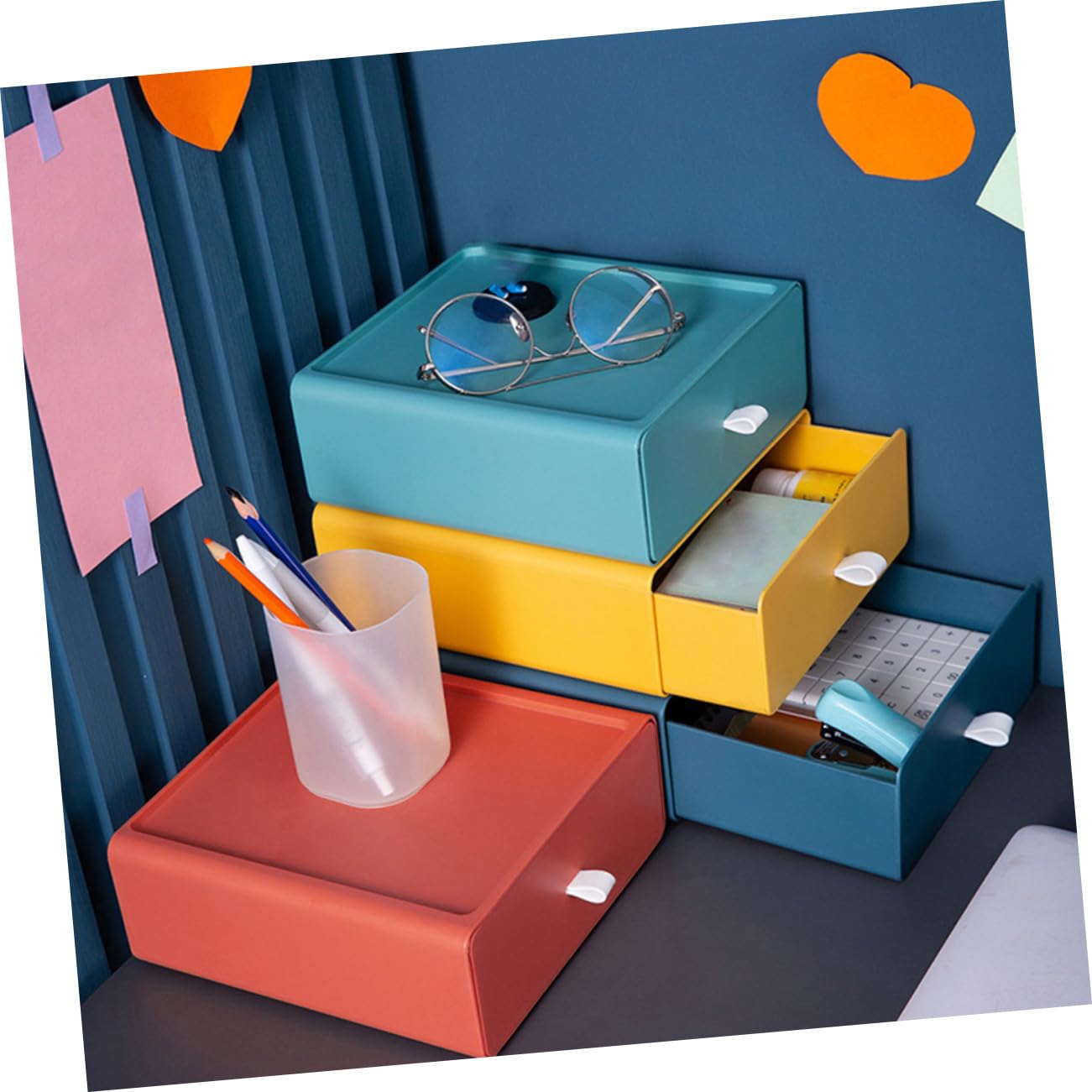 Cajones de Almacenamiento de Plástico Apilables 4 Piezas Multicolor (amarillo, Verde, Azul, Naranja) Caja Organizadora de Escritorio Resistente para Oficina y Hogar