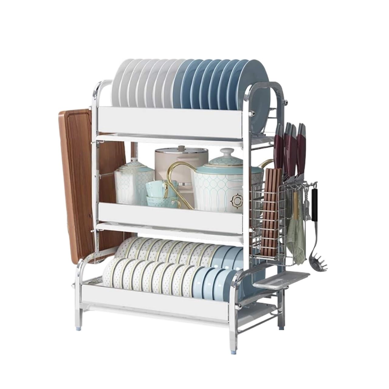 GOOPEEG Dish Drainer,Dish Rack 3 Tier Stainless Steel Dish Drying Dryer Rack With Utensil Holder Removable Drainer Trays Easy Dish Organization(Silver)