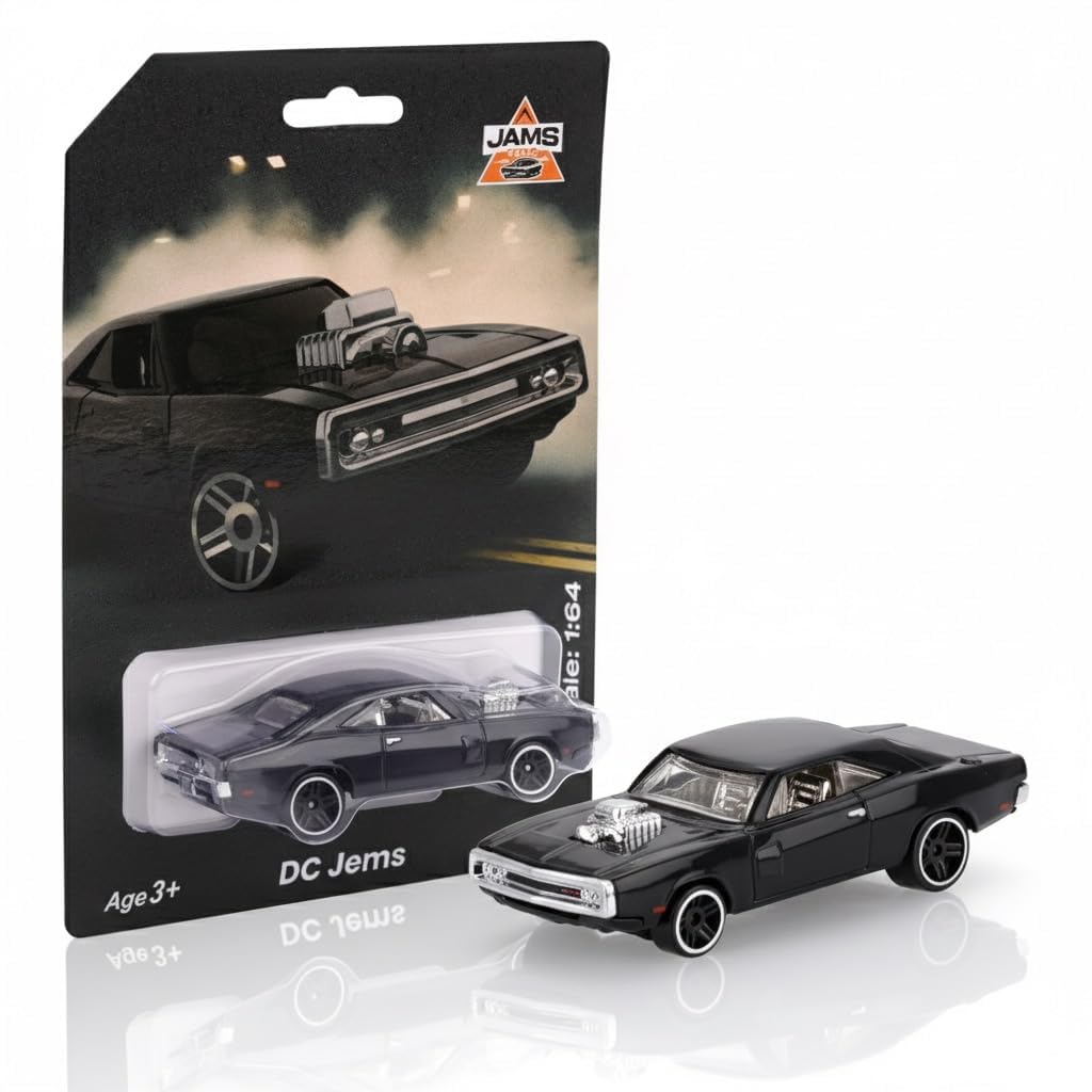 JAMS 1970s Dodge Charger Die-Cast Model Car, Black, 1:64 Scale
