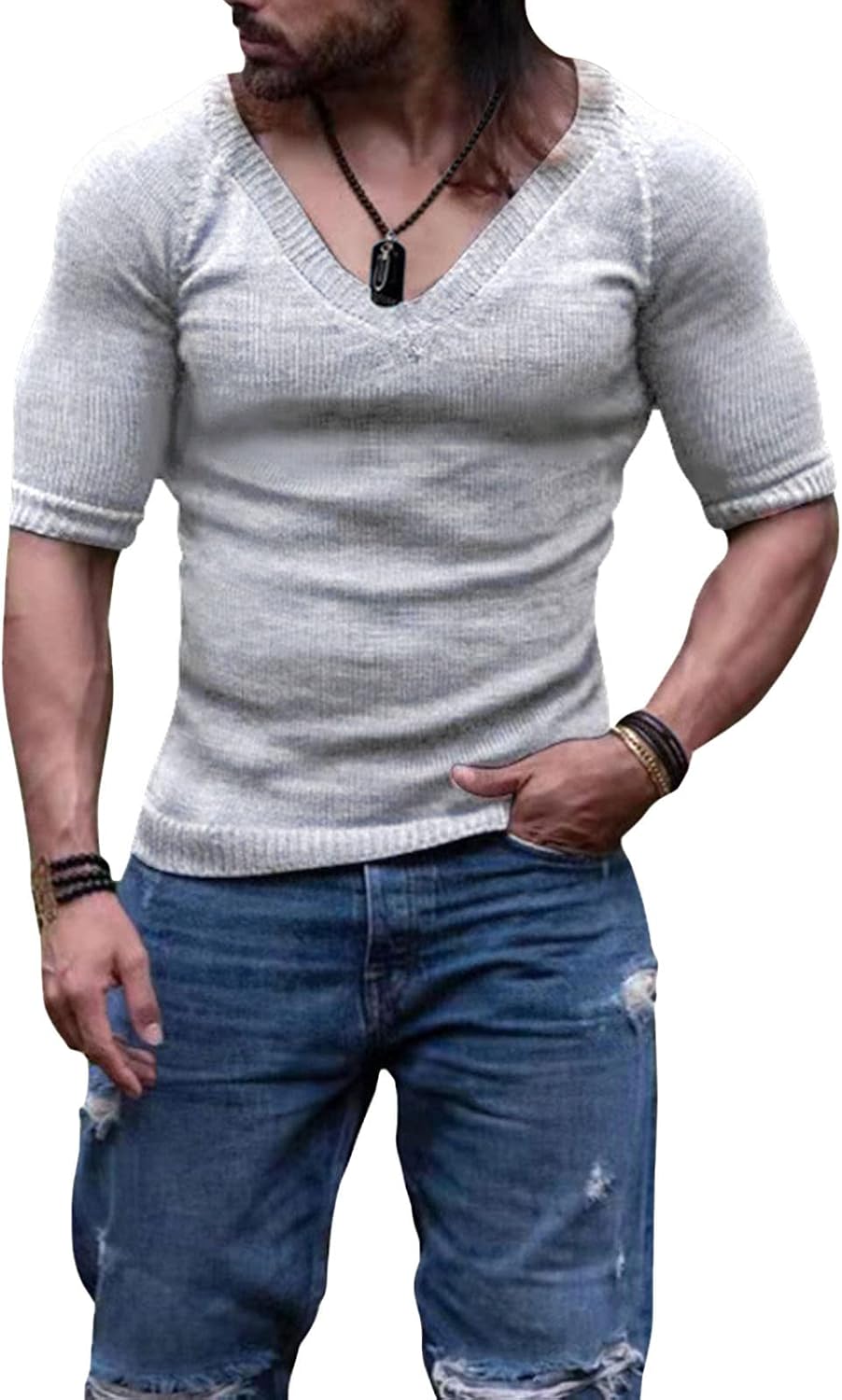 Men's Summer Knitted Fitness Tops Slim V-Neck Solid Color Short Sleeve T-Shirt V Neck Bodybuilding Workout Tee