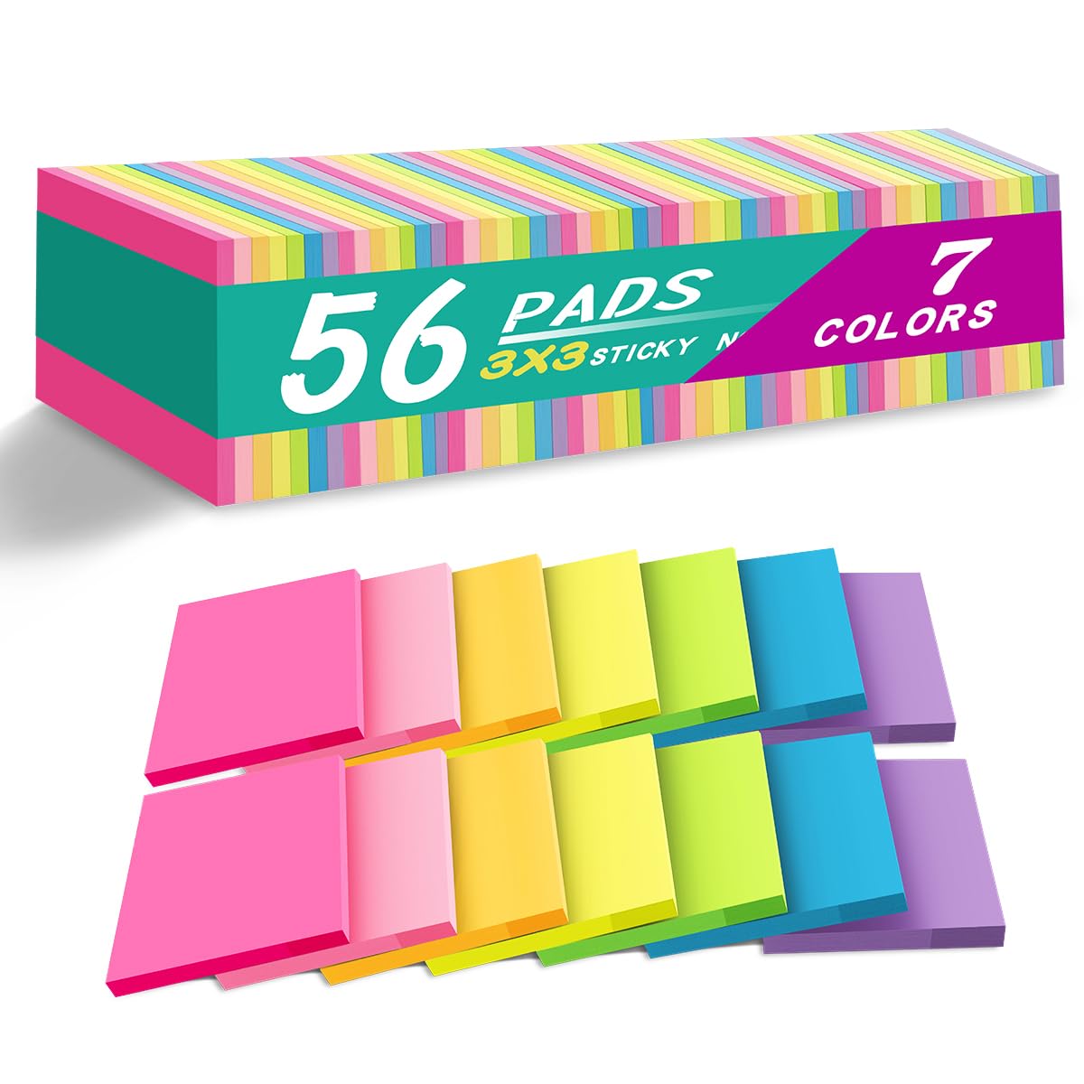 (56 Pads) Sticky Notes Bulk 3x3 in Post Bright Stickies Colorful Super Sticking Power Memo Pads, Strong Adhesive