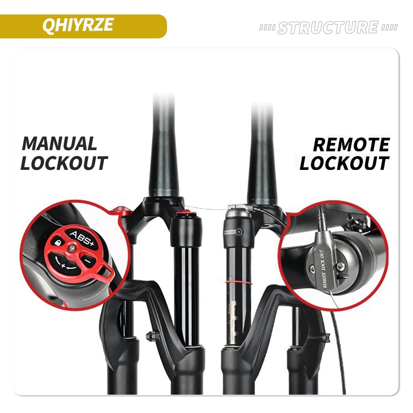 Horquilla de suspensión para MTB XC Am de 26/27,5/29", Recorrido de Aire de 120 mm, Ajuste de Rebote, Tubo cónico de 1-1/2", Cierre rápido de 9 mm, Bloqueo Manual/Remoto, Horquilla