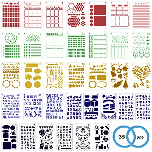 35 pcs Journal Stencils with 2 Binder Rings, VEINARDYL 5x7in/4.3x7in Letter Alphabet Stencil Planner Set Plastic Painting Template Reusable Drawing Stencil for DIY Craft Scrapbooking Diary Notebook