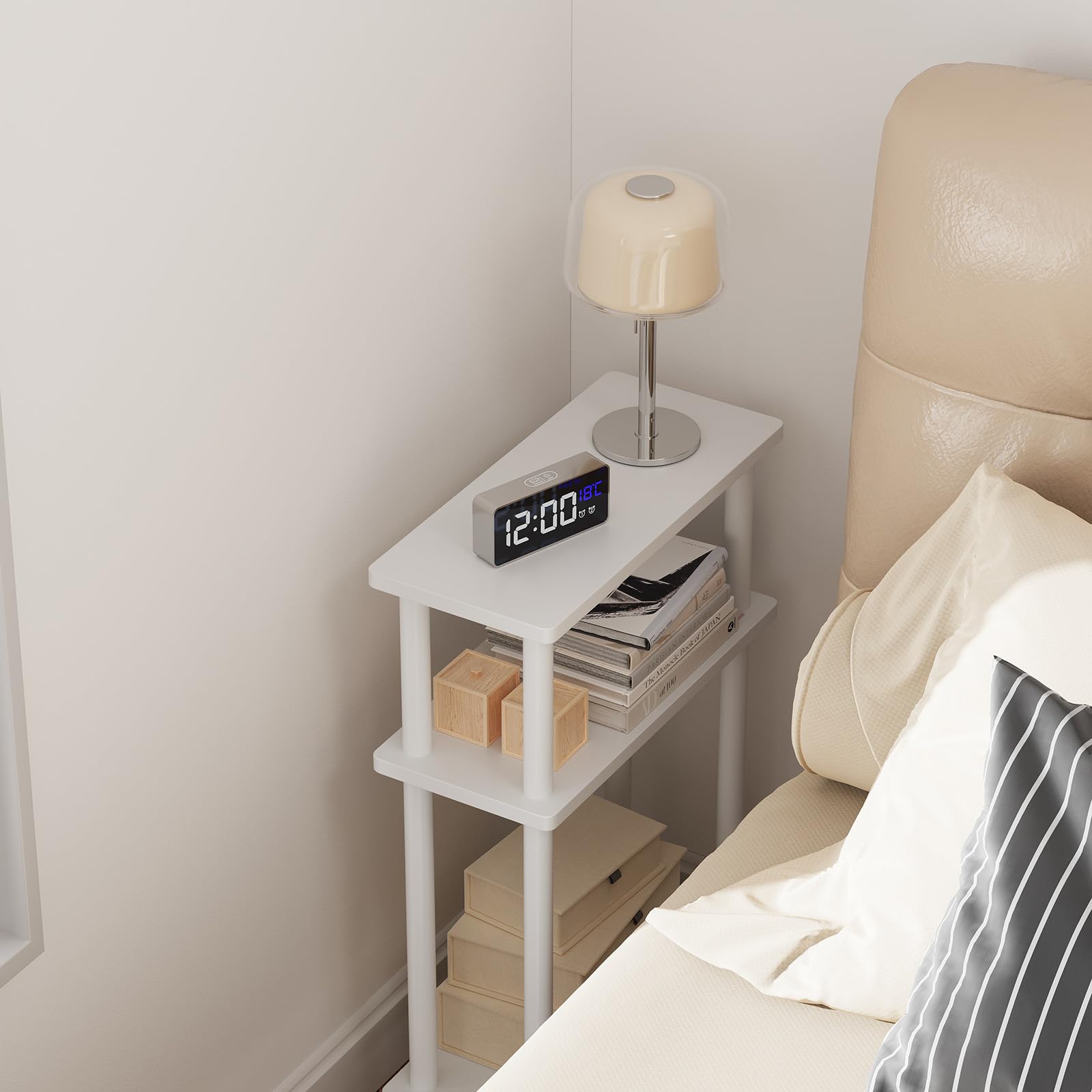 YOUDENOVA Mesa Auxiliar Sofa Estrecha, Mesa Auxiliar de 3 Niveles, Mesita Auxiliar Salon de Estar con Almacenamiento, Ideal para Sala de Estar, balcón, Dormitorio y Estudio, Blanco