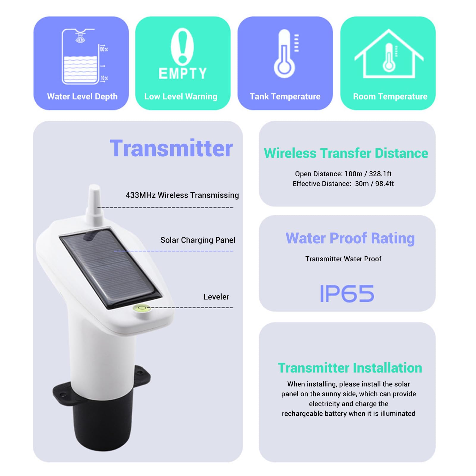 Jeffergarden Sensor de Nivel de Agua Ultrasónico con Pantalla Digital Medidor de Profundidad de Líquido Inalámbrico para el de Monitoreo y Alarma del Depósito de Agua Doméstica