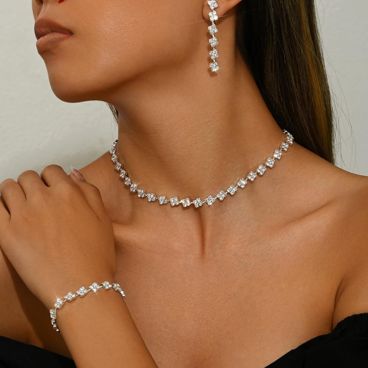 Silver Wedding Jewelry Set for Women Brides Rhinestone Necklace Bracelet Dangle Earrings Sets for Bride Bridesmaid Crystal Prom Costume Jewelry Accessories Formal Jewelry for Women Evening Wear - Image 3