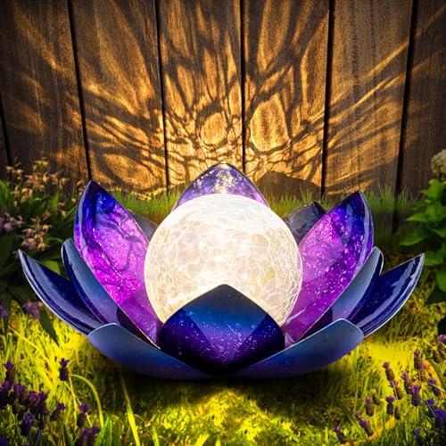Huaxu Solar Lights for Outdoor Decor, Purple Lotus Flower Light, Waterproof LED Crackle Globe Glass Lamp for Garden, Patio, Yard, Porch, Pathway, Ground, Tabletop Christmas Gifts for Mom,Women