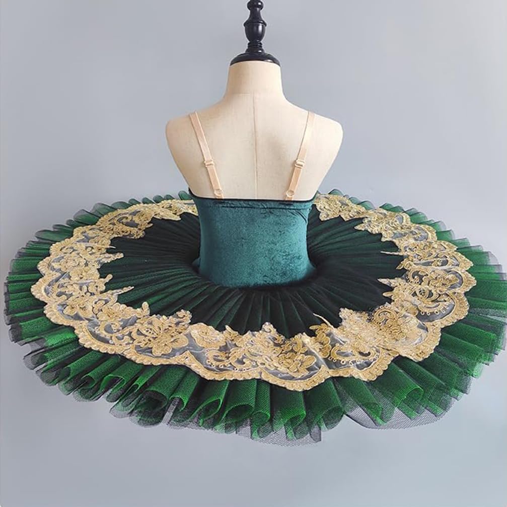 Girls Professional Tutu Skirt Swan Lake Pancake Ballet Dress Floral Embroidery Performance Dancewear,130cm,Green