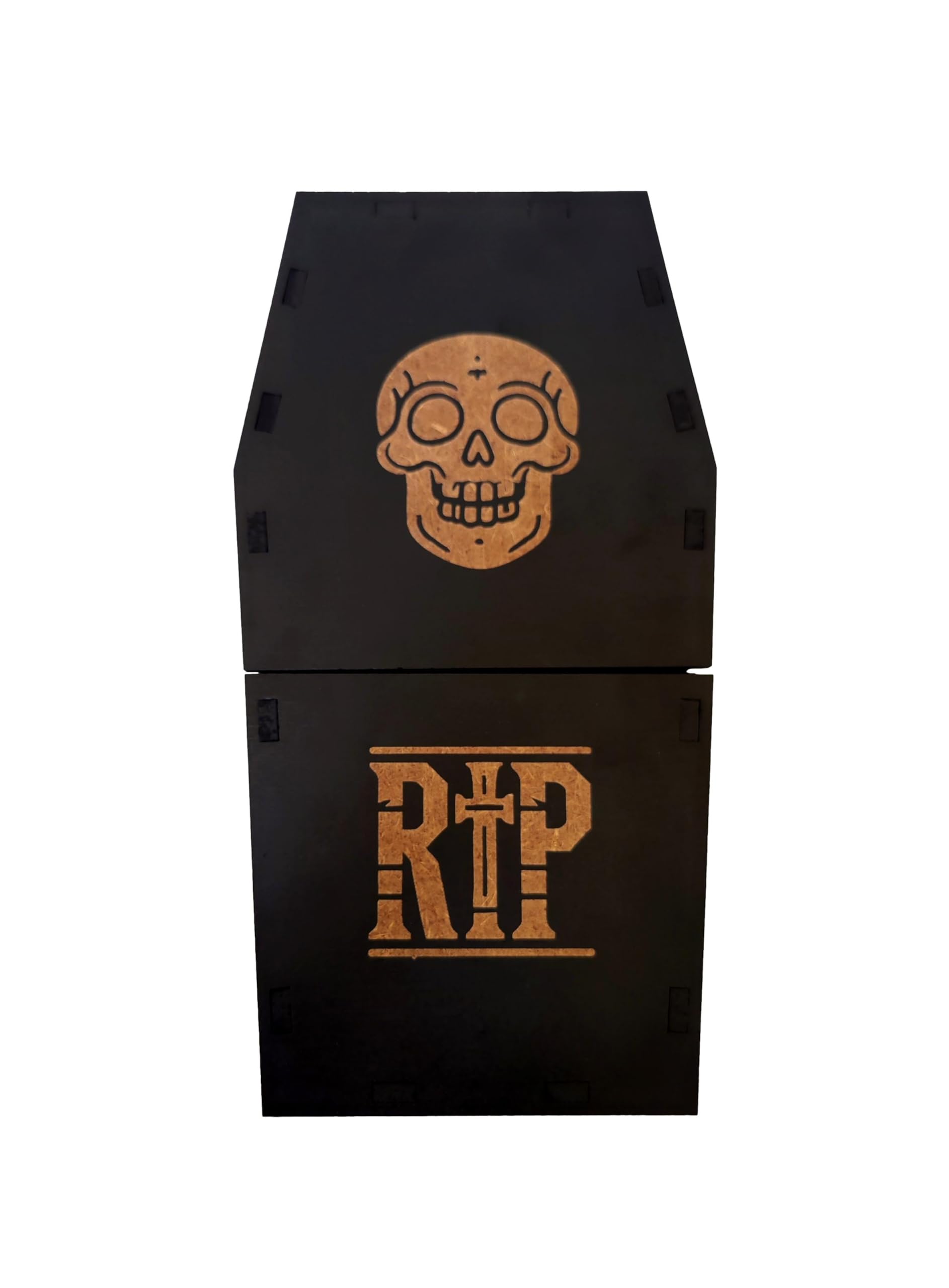 Wooden World - Scatola contenitore a forma di bara - con motivo di teschio e scritta RIP Decorazione di Halloween - nera