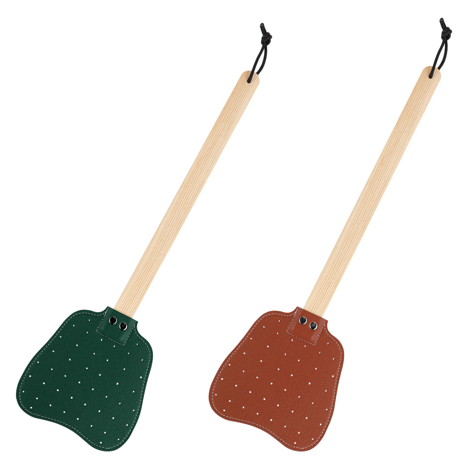 2pcs Leather Fly Swatters, Long Wooden Handle Manual Fly Swatters with Hanging Rope Heavy Duty Practical Leather Fly Swatters Indoors for Fly Mosquitoes Bees(Brown, Dark Green)