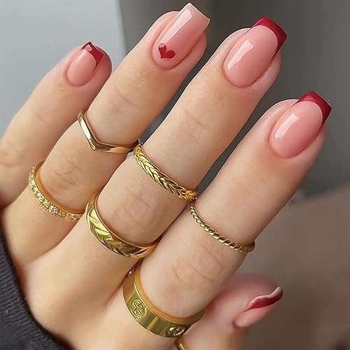 NAISKA Uñas de ataúd a presión para el día de San Valentín color rosa con forma de ataúd cortas cuadradas color rojo nude uñas francesas con punta