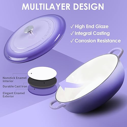 Miniatura 9 de EDGING CASTING Horno holandés de hierro fundido esmaltado con cazuela poco profunda con mango doble, 3.8 cuartos de galón, rojo