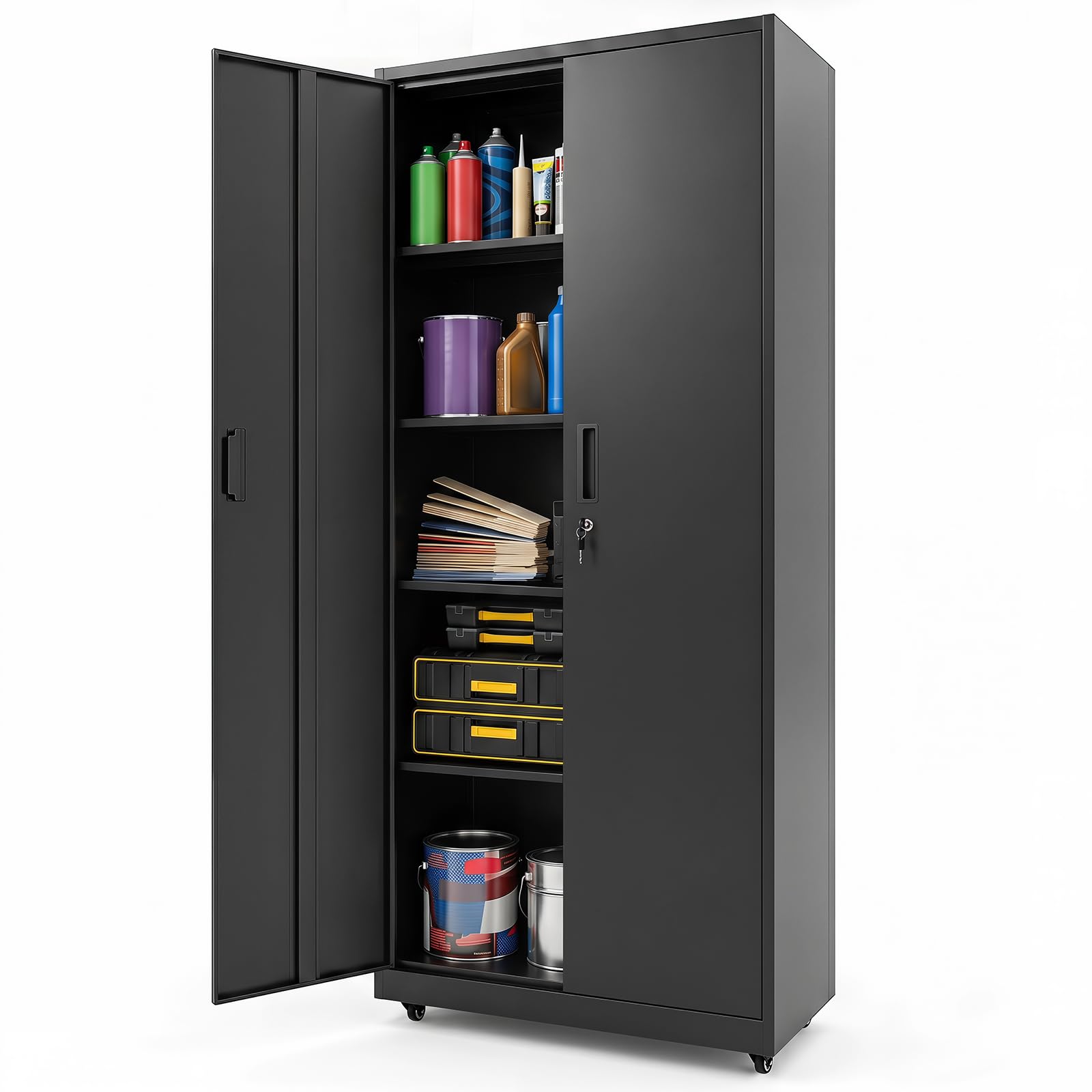 COSTWAY 5 Ebenen Aktenschrank abschließbar mit Doppeltür & Rollen (Schwarz)