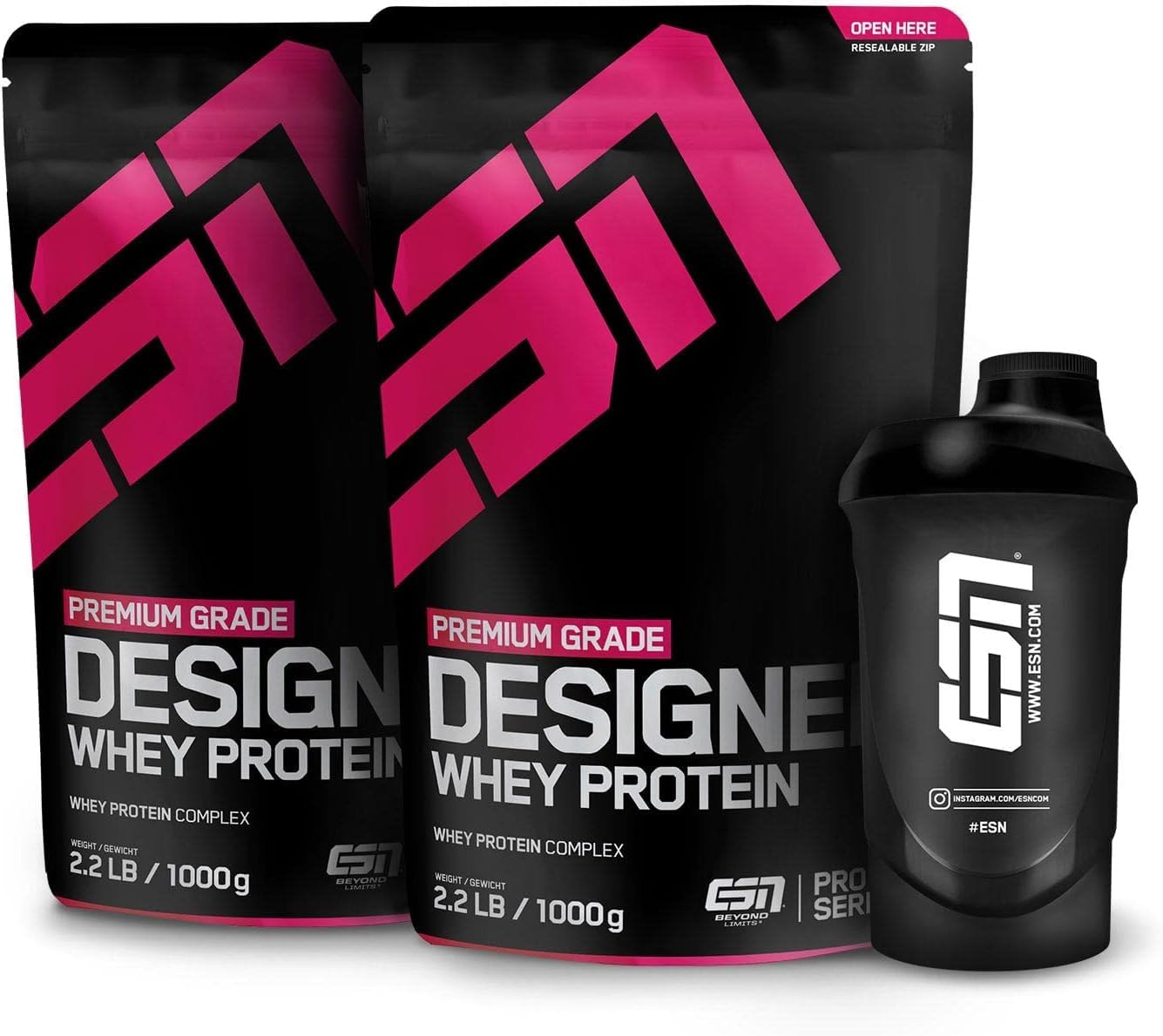 ESN Designer Whey Protein Powder, Vanilla, 2 x 1000 g + Free ESN Shaker