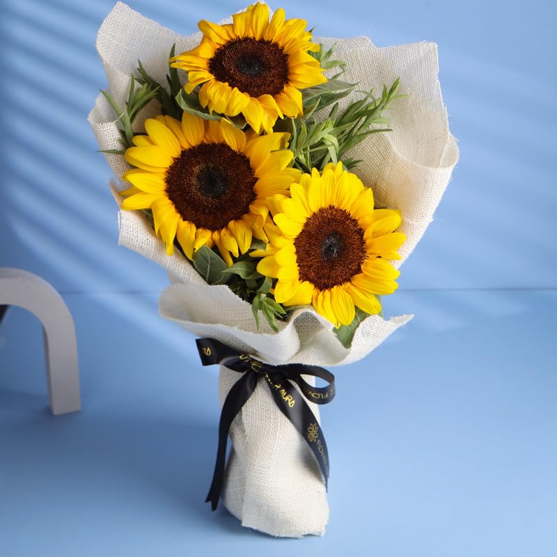 FlowerAura Premium Fresh Live Flower Bouquet of 3 Sunflowers In Jute Packing Gift For Birthday | Anniversary | Love | Home Decor | Mothers Day Gift For Mom (Same Day Delivery)