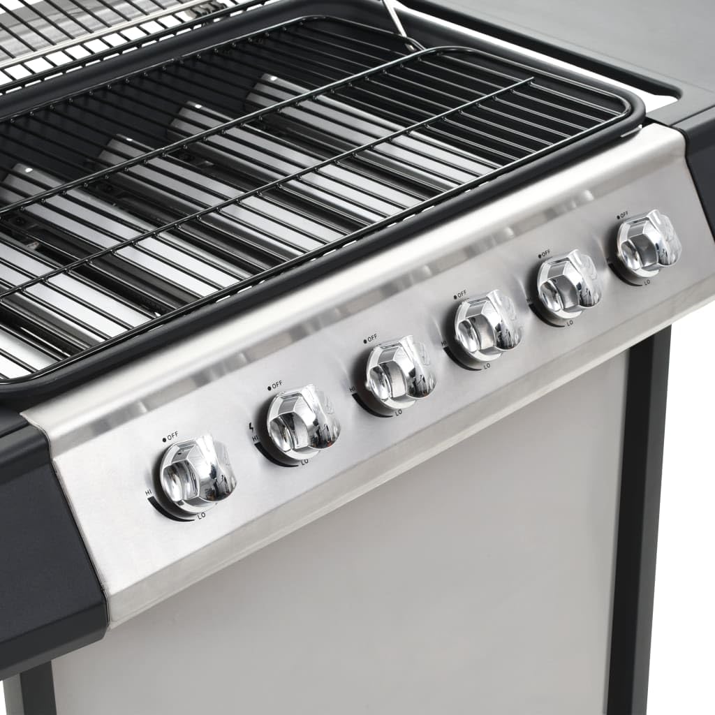 Barbecue a gas con 6 fiamme, in acciaio inox, stazione barbecue da giardino con termometro, 12 kW, superficie di cottura 63,5 x 37,5 cm, per terrazza e giardino