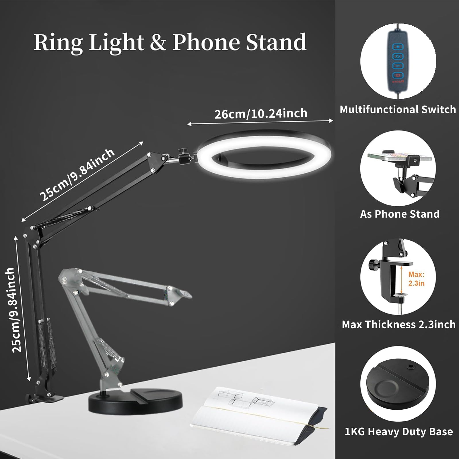 Ringlicht mit Stativ, Doppelter Sockel Handy Stativ mit Ringlicht 10", Licht 3 Lichtfarben+10 Helligkeiten, 360°Drehbar Tischständer, Ring Light für Tiktok YouTube(Ohne Fernbedienung)