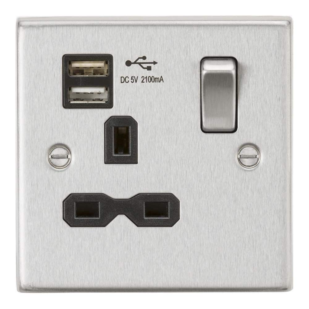 Knightsbridge CS91BC Switched Socket, 2.1 A Dual USB Charger with Black Insert, Square Edge Brushed Chrome, 13 A, 1G — image 1
