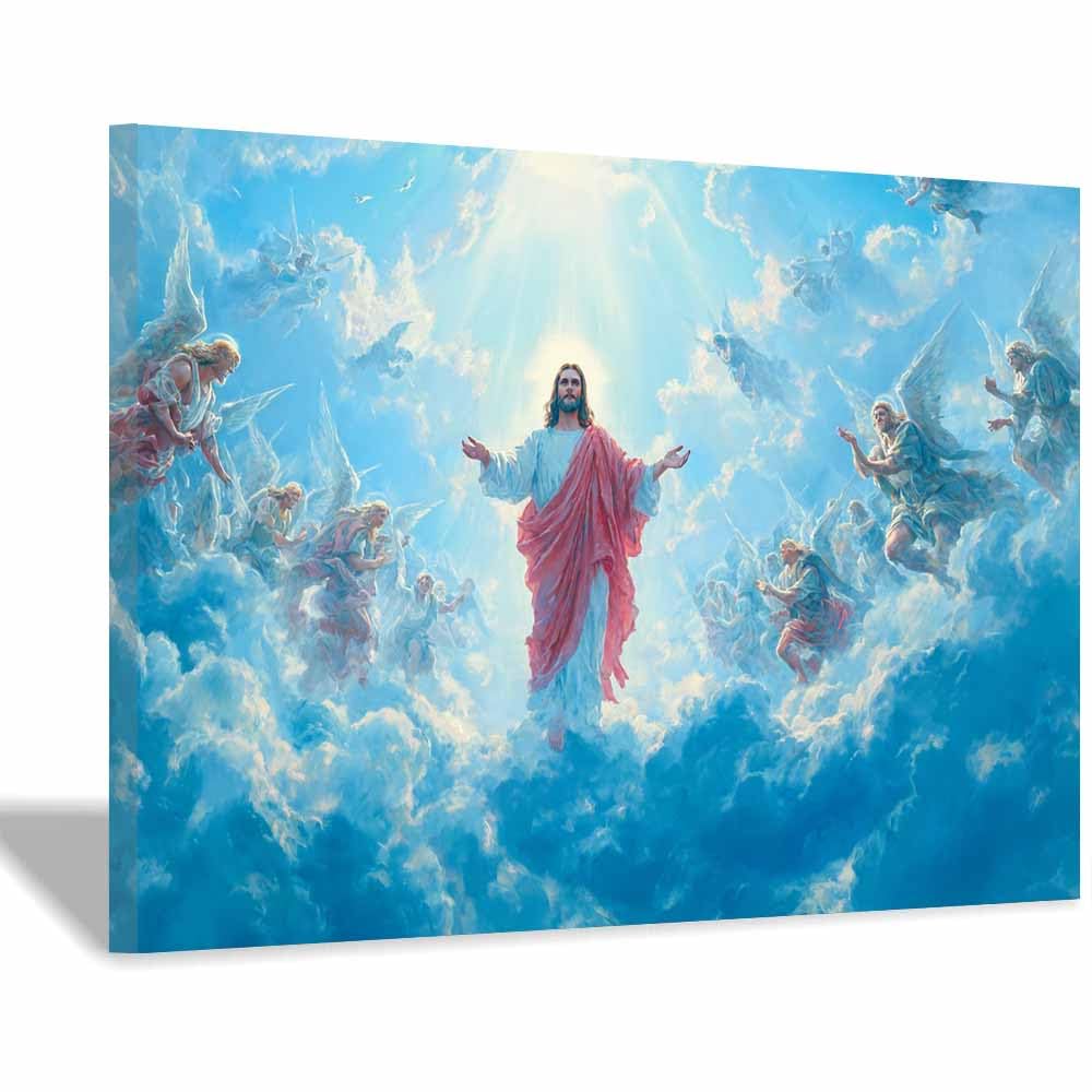 ZAMAEIU Canvas Wall Art Holy Approaching Heaven Christian Jesus Religious Pictures Painting Decor Modern Artwork Prints Home Decor for Bedroom Living Room(blue)-30x50cm Framed