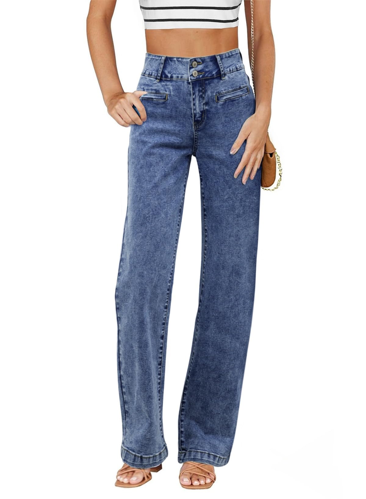 Sidefeel Women's Jeans High Waisted Straight Leg Stretchy Jeans Trendy Welt Pockets Loose Wide Leg Zimbaplatinum Denim Pants