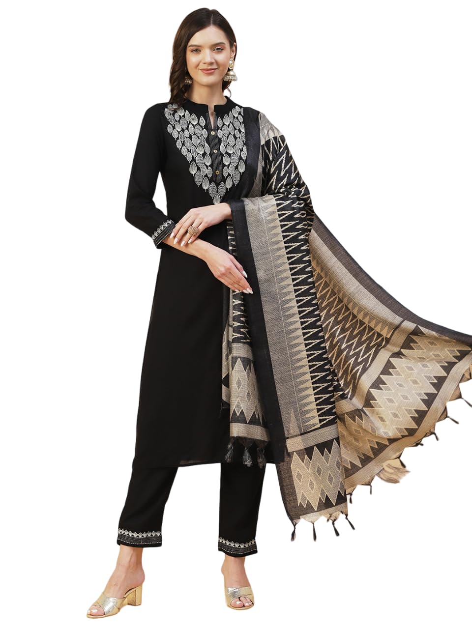fashorWomens Cotton Regular fit Casual Wear Solid Zari Embroidered Kurta with Pants - Chevron Printed Dupatta - Black