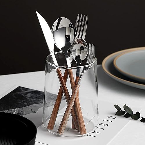 Miniatura 3 de Juego de cubiertos de madera para 6 cubiertos de acero inoxidable de alta calidad, juego de 30 piezas de cubiertos de madera, incluye cuchillos,