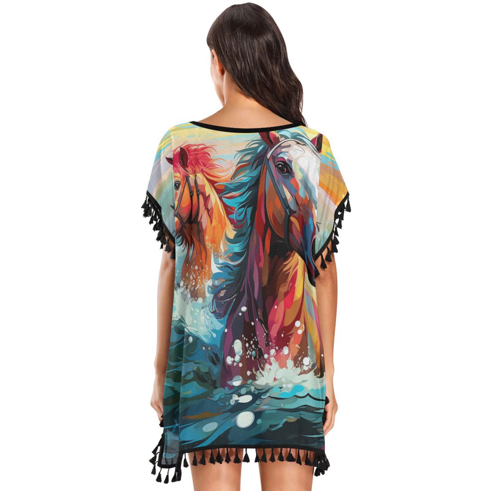 Colorful Horses Watercolor Art Women's Beach Cover Up Chiffon Tassel Swimwear Swimsuit Coverups for Girl