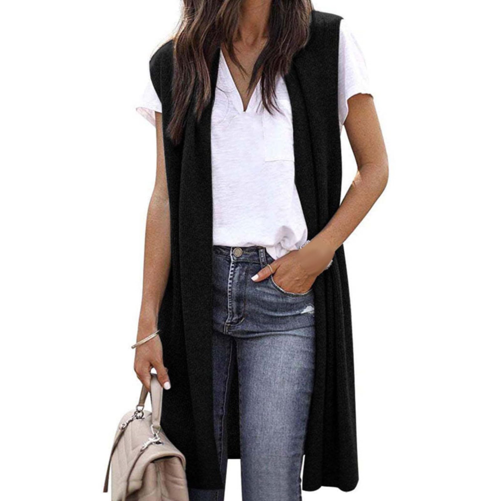 Generisch Cárdigan largo de punto para mujer, chaqueta larga y delgada, ropa de abrigo ligera, ropa de calle, cárdigan sin mangas, chaqueta ligera informal de verano, elegante suéter de punto frontal