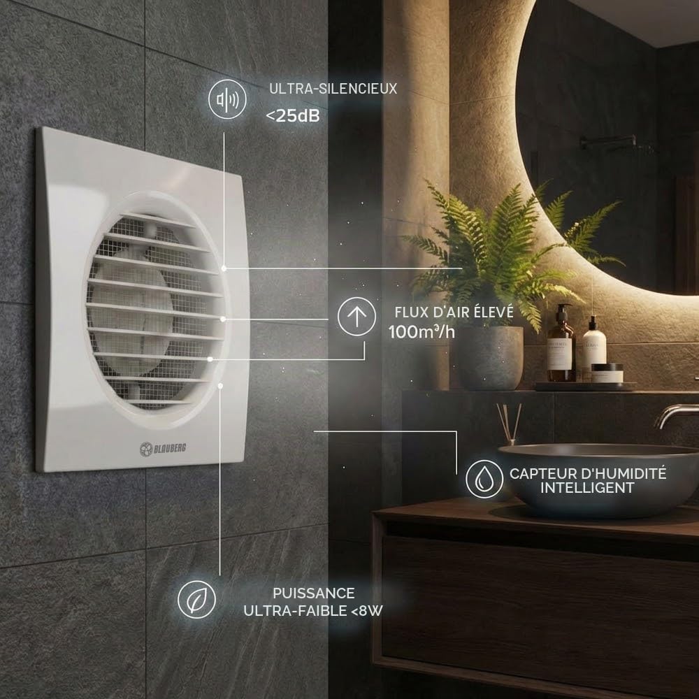 Blauberg Ventilateur extracteur 100 mm avec capteur d'humidité et minuterie – Démarrage automatique 60–90% RH – Ventilation silencieuse pour salle de bains