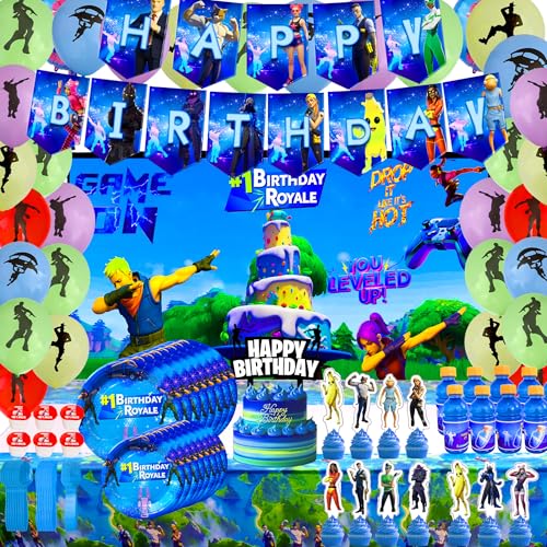 Gaming Party Supplies Birthday Decoration Set 142 Pack - Balloons, Toppers, Bottle Stickers Labels, Stickers, Wall Poster, Banner Video Game Themed & More