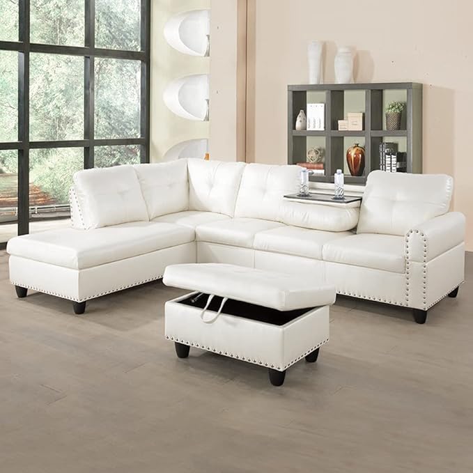 97" Wide Rivet Designed L-Shaped Sofa Set 3 Pieces Faux Leather Couch and Chaise with Extra Storage Ottoman for Living Room/Office/Apartment (Left-Hand Facing, White)