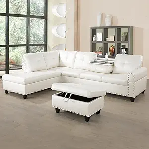 97" Wide Rivet Designed L-Shaped Sofa Set 3 Pieces Faux Leather Couch and Chaise with Extra Storage Ottoman for Living Room/Office/Apartment (Left-Hand Facing, White)