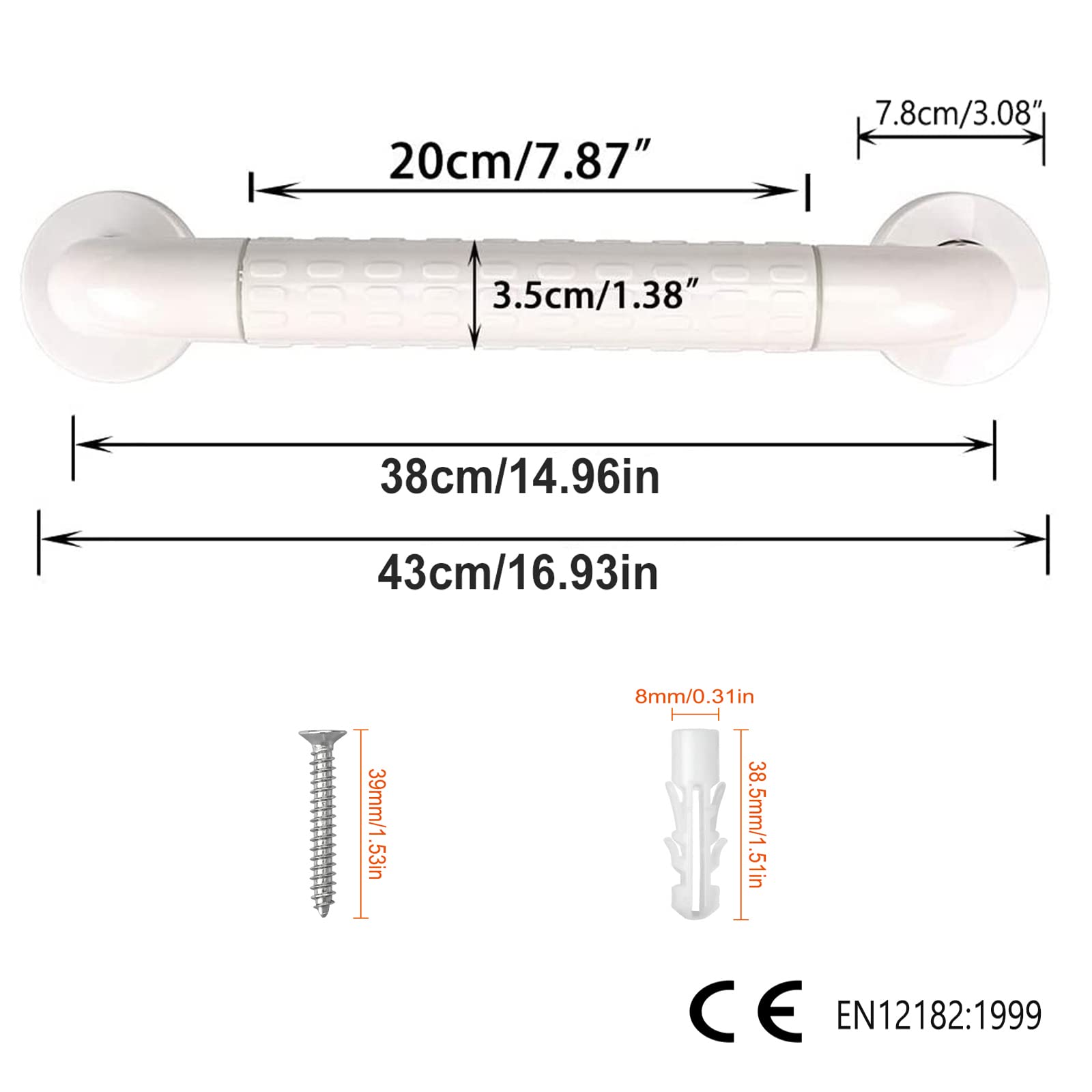 43 cm uchwyty do wanny z antypoślizgowym uchwytem i świecącymi kółkami bezpieczeństwa, uchwyt łazienkowy 43 cm, uchwyt na ręczniki z dętką ze stali nierdzewnej 304, solidna plastikowa obudowa