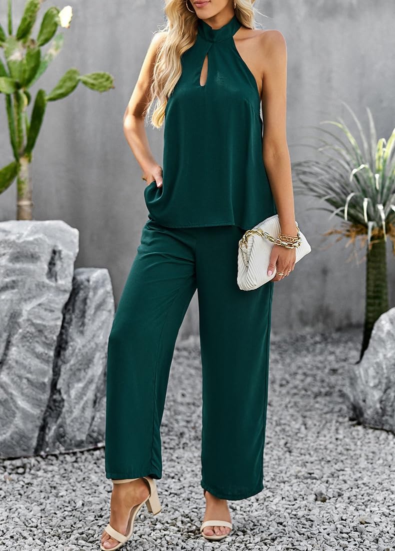 Co ORD Zestawy Damskie Spodnie I Top, Czarny Halterneck Paski Bez Pleców Seksowna Kamizelka Bez Rękawów Koszulka Casual Spodnie Z Szerokimi Nogami Moda Salon Wyjście Zestawy Odzieży