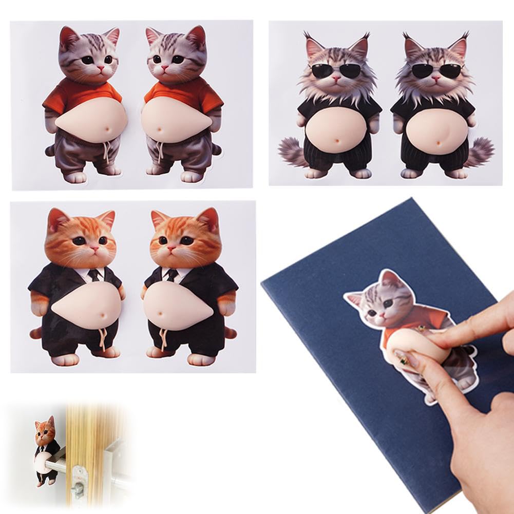 6Pcs 3D Cat Belly Sticker,Cute Cartoon Soft Silicone Anti-Collision Sticker,Cat Wearing Clothes with Pink Belly Decals for Phone, Scrapbooks, Planner, Computer and Laptops