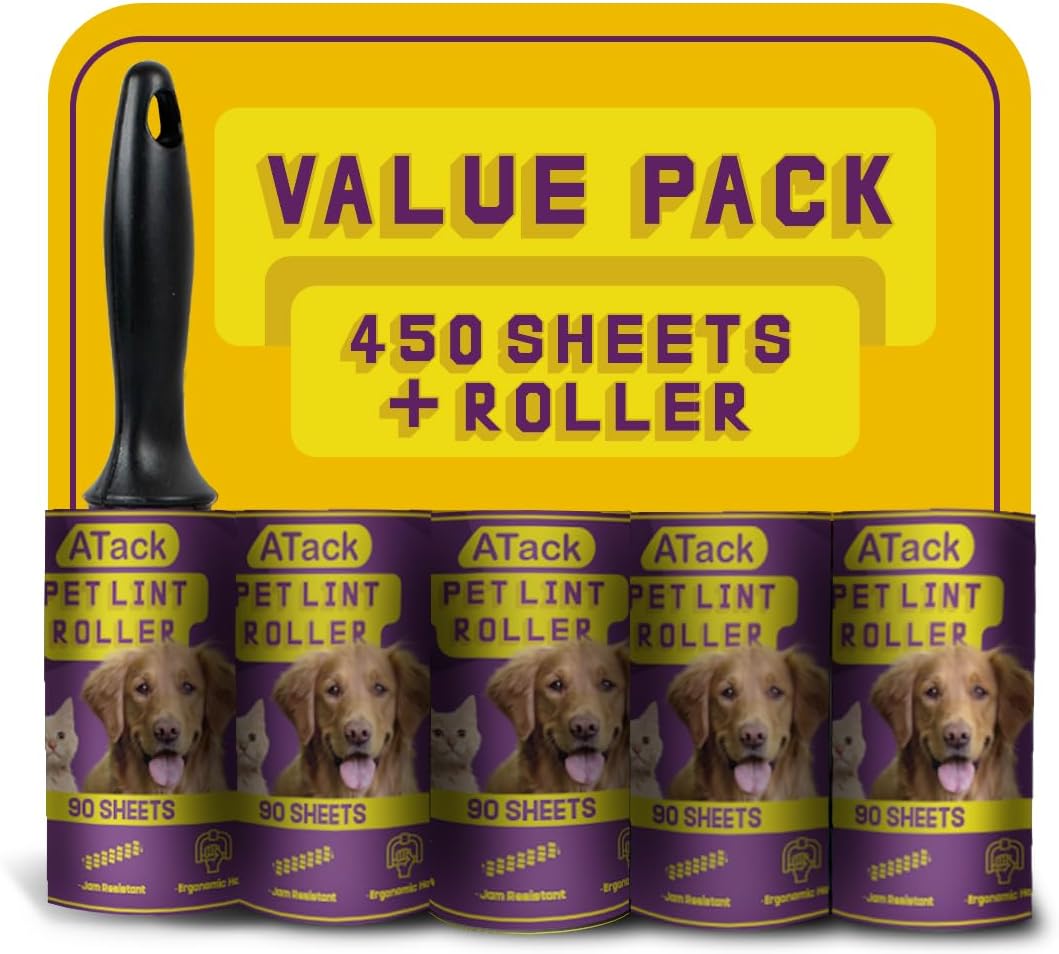 ATack Pet Lint Roller; 1 Roller + 5 Refill Rolls (90 Sheets Each); Cat, Dog and Pet Hair, Fur and Lint Remover Roller Extra Sticky for Furniture, Car, Carpet and Clothes w/Roller Refill