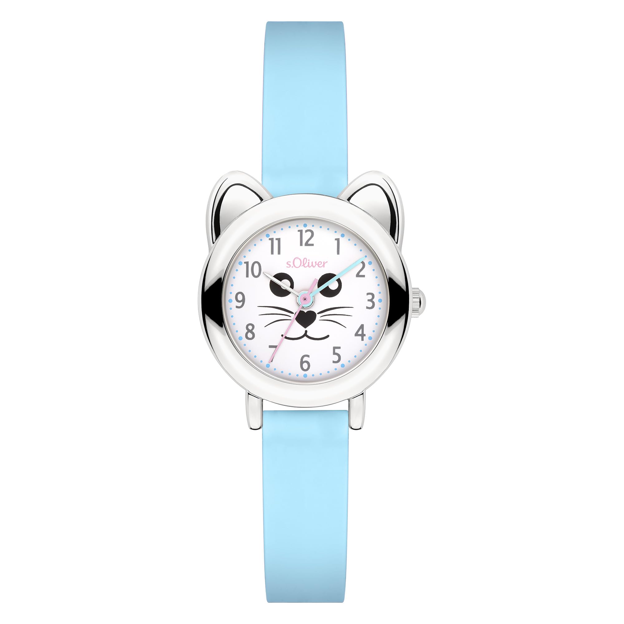 s.Oliver Kinderuhr- 25 mm - Gute Ablesbarkeit - widerstandsfähiges Silikonband - 3 ATM wasserfest - hoher analoge Armbanduhr für Mädchen mit Quarzwerk - Katze - Blume - Geschenkidee