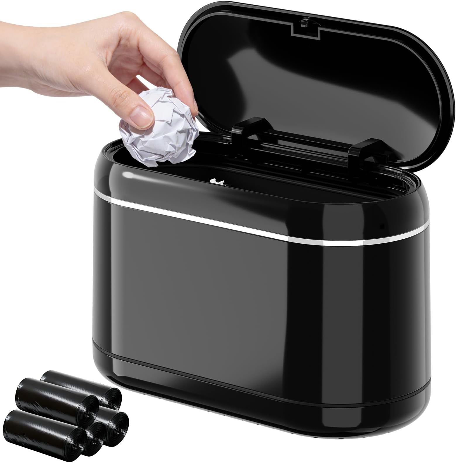 Mini Trash Can for Desk with 5 Rolls of Trash Bags, Small Press-Top Countertop Garbage Bin, Removable Waste Basket for Bedroom, Vanity, Coffee Table, Kitchen (Black Full-Lid)