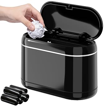 PAVSTINE Mini Trash Can for Desk with 5 Rolls Trash Bags, Black Full-Lid