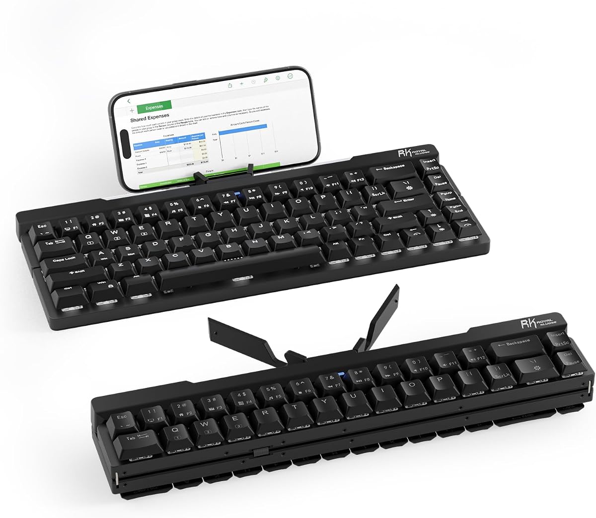 RK ROYAL KLUDGE F68 60% Foldable Low Profile Mechanical Keyboard, Wireless Mechanical Keyboard with Aluminum Body, Built-in Stand Holder, White Backlit, 68 Keys