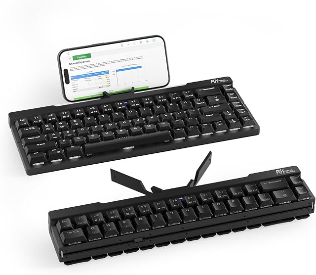 RK ROYAL KLUDGE F68 60% Foldable Low Profile Mechanical Keyboard, Wireless Mechanical Keyboard with Aluminum Body, Built-in Stand Holder, White Backlit, 68 Keys, Tactile Brown Switch