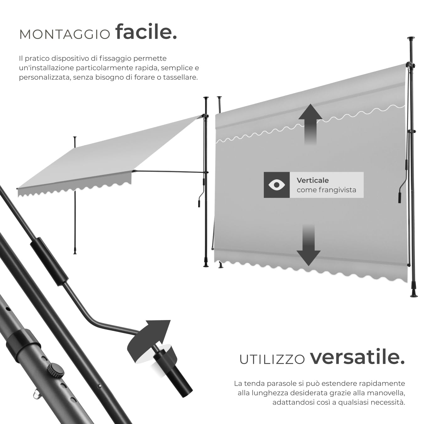 Tectake Tenda da Sole a Morsetto Regolabile 350x180cm Grigio Chiaro Impermeabile UV
