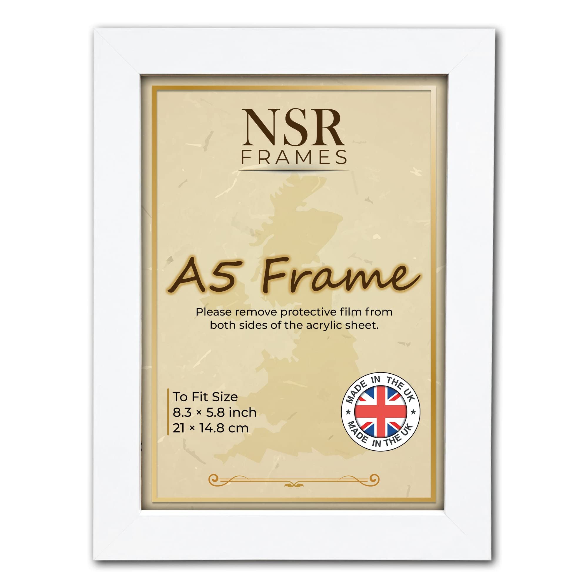 NSR 8.3x5.8 Inch A5 White Picture Photo Frame (21 x 14.8 cm) - Flat Wall Mount Hang Hooks & Free Tabletop Stand Poster MDF Wooden Portrait Panoramic Clear Acrylic Display