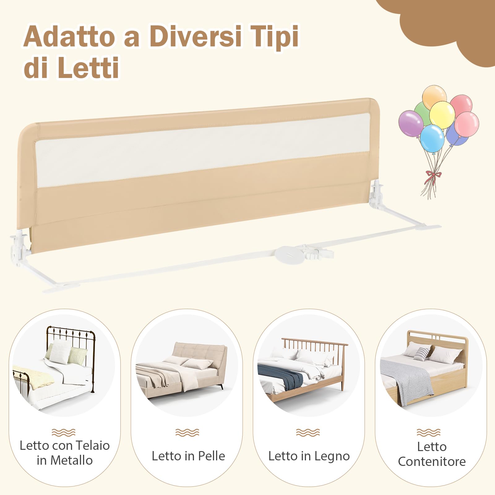 COSTWAY Barriera Letto per Bambini di 180 cm, Sponda di Sicurezza Pieghevole con Copertura Rimovibile, Rete Traspirante, Sbarra da Letto per Letti Singoli e Matrimoniali, 180 x 41 x 55 cm (Beige)