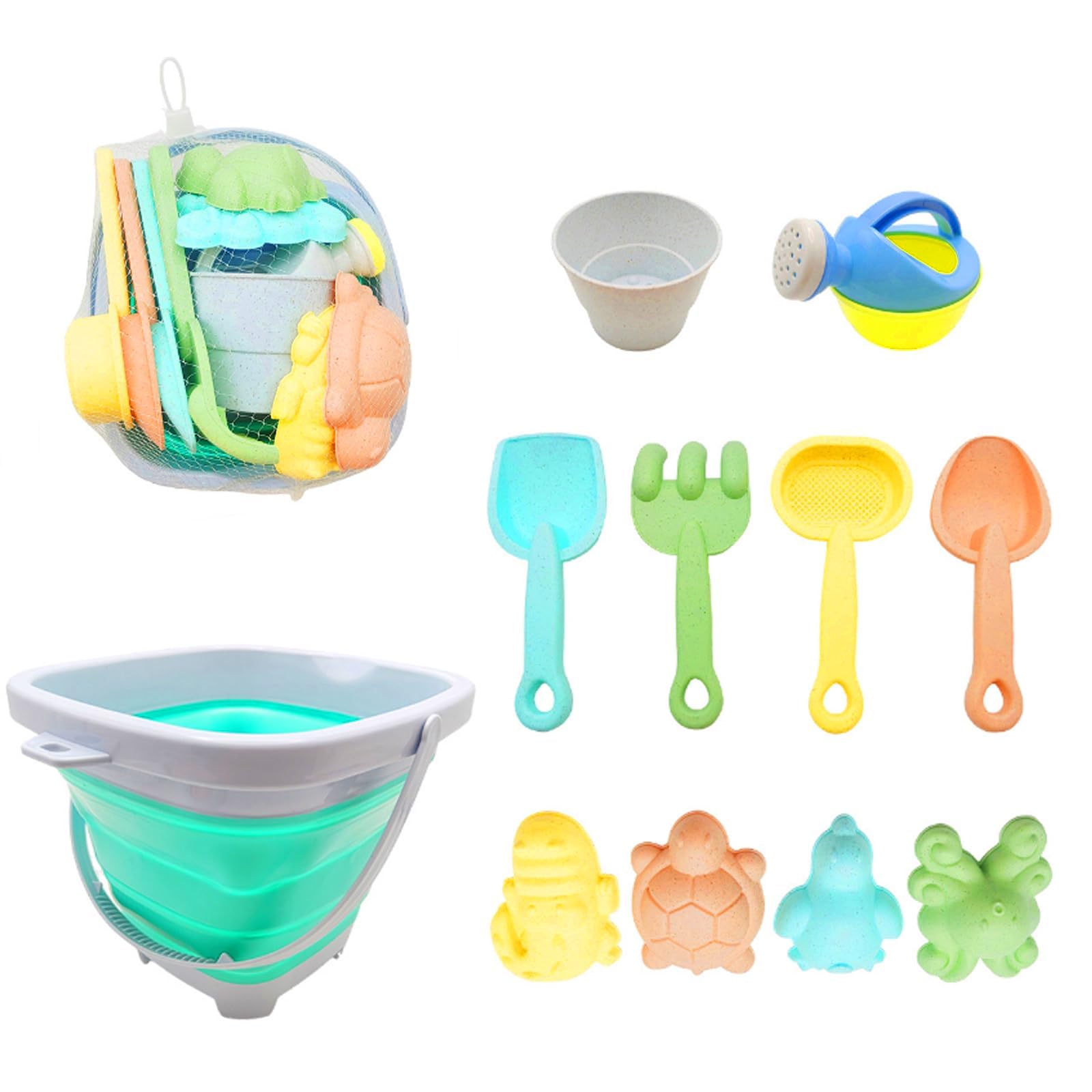 11 Piece Beach Sand Toys for Kids,Sand Bucket Sandpit Toys,Beach Toy with Collapsible Folding Bucke and Marine Animal Sand Moulds,Bucket and Spade Castle Sand Toys
