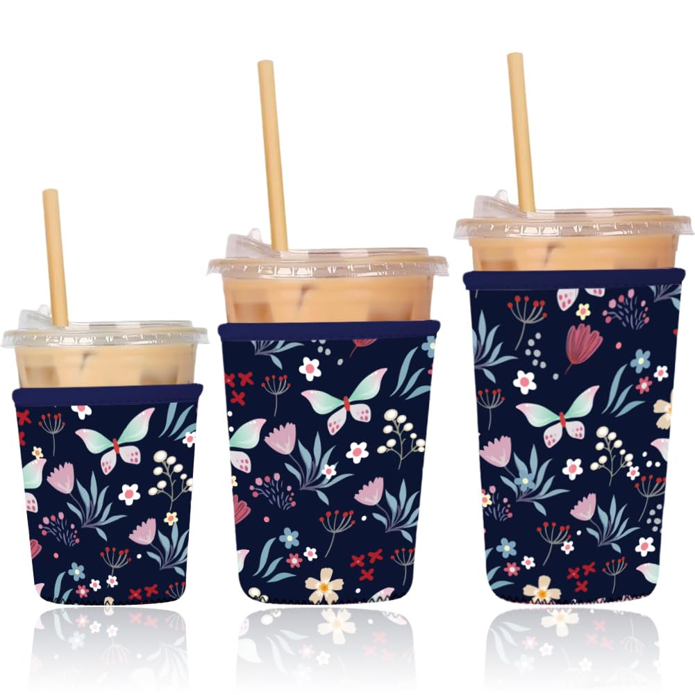 PRESSINART 3 Pack Reusable Insulated Neoprene Iced Coffee Cup Sleeves for Cold Drinks Floral Butterfly Pattern Universal Fit 16-32oz Cup for Iced Hot Beverages Tumblers Mugs Travel Office Daily Use